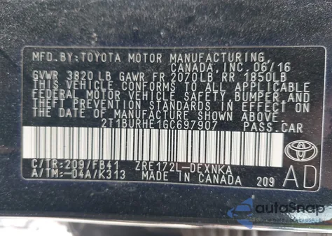 2016 Toyota Corolla Le from USA, damaged, VIN 2T1BURHE1GC697907